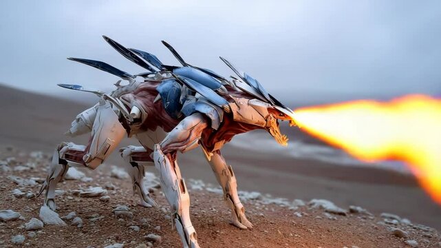 Robotic Animal Hybrid Emitting Flame in Futuristic Desert Scene