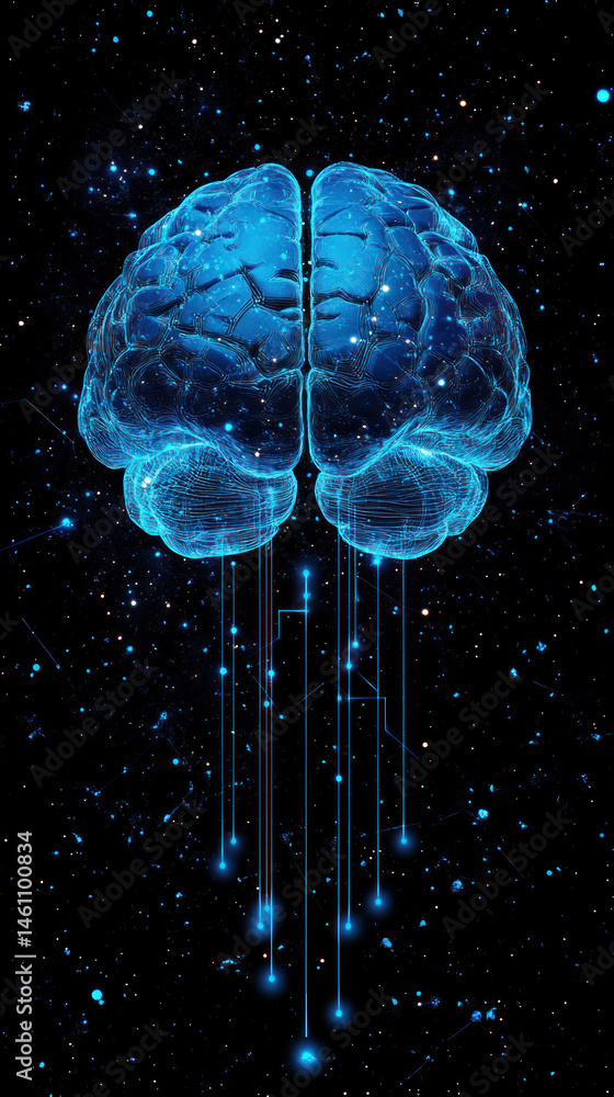 Aufkleber a blue brain with a blue stem and tail is floating in space. the stars in the background are twinkli