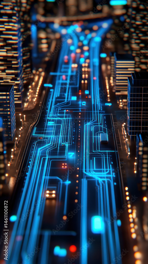 Poster a city street with a blue line running down the middle. the blue line is a representation of a compu