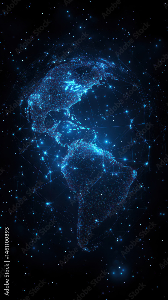 Poster a blue and white image of the earth with stars surrounding it. the stars are scattered all over the 