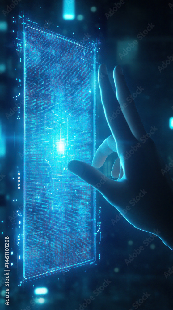 Poster a hand is pointing at a blue screen with a glowing light. concept of technology and innovation, as t