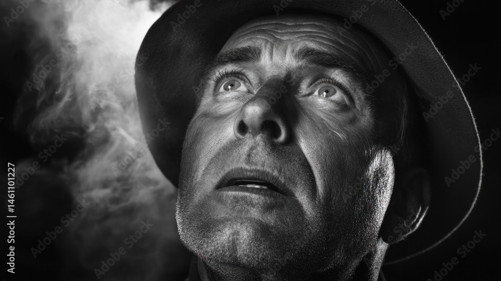 Poster a man with a hat and a serious expression. he is looking up at something. the image is in black and 