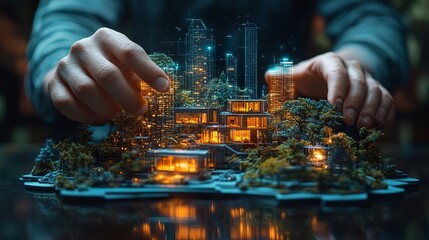 Designer working on smart home blueprint using digital projection, shallow focus on hands with holographic buildings and eco trees, futuristic office setting  