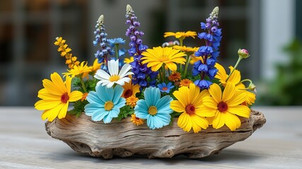 Rustic Driftwood Planter with Summer Blooms