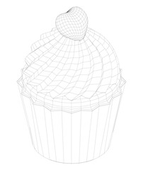 A close up of a cupcake with a heart on top. The cupcake is white and has a swirl pattern on it. The heart is made of frosting and is placed on top of the cupcake