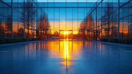 Elegant business center with reflective glass and bold architectural features, evening light casting long shadows in empty parking lot  