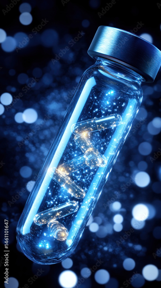 Poster a bottle of pills is floating in a blue liquid. the pills are glowing and appear to be floating in t