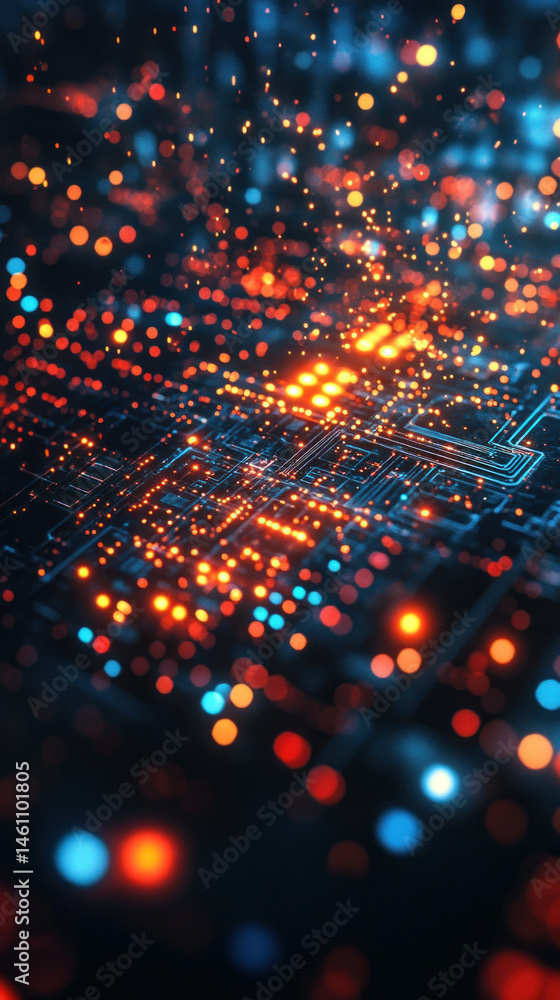 Aufkleber a computer chip with a lot of glowing lights on it. the lights are in different colors and are scatt