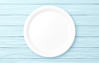 3Dイラスト_皿_木のテーブル_水色