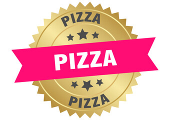 Obraz premium pizza. pizza round pink and gold label isolated on transparent background