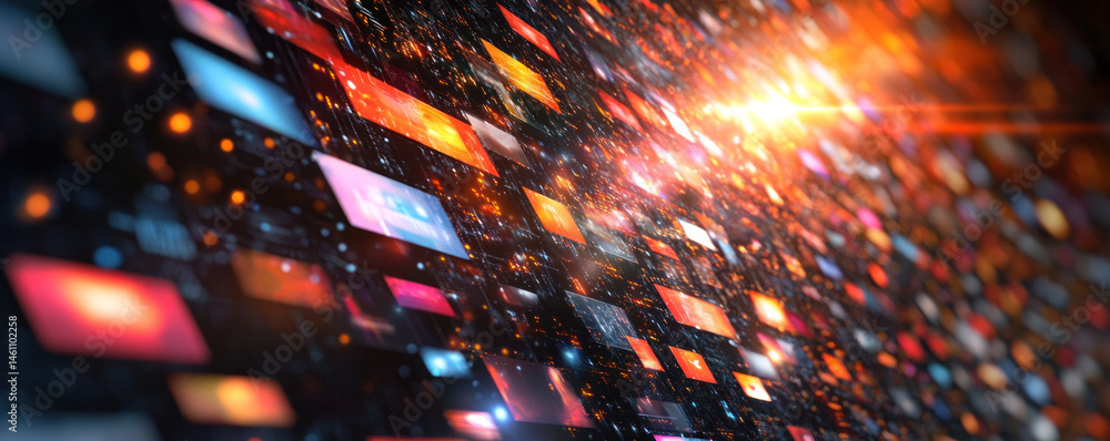 Poster a colorful image of a computer screen with many small squares of different colors. concept of techno