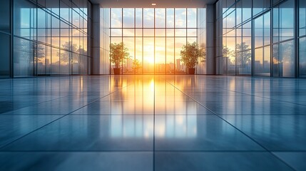 Fototapeta premium Empty modern office lobby with glass walls and glossy tile floor, soft reflections and warm sunlight streaming in, low-angle shot emphasizing symmetry and depth 