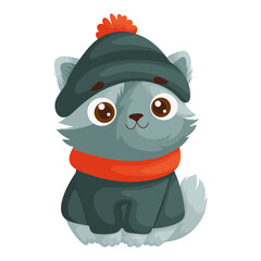 Adorable cartoon gray cat dressed in a cozy winter outfit with a pom-pom hat and scarf, sitting on a white background.