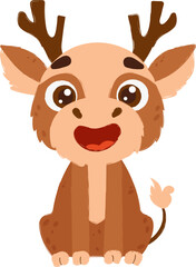 Adorable cartoon illustration of a smiling deer with big brown eyes, prominent antlers, and a playful expression on a white background.