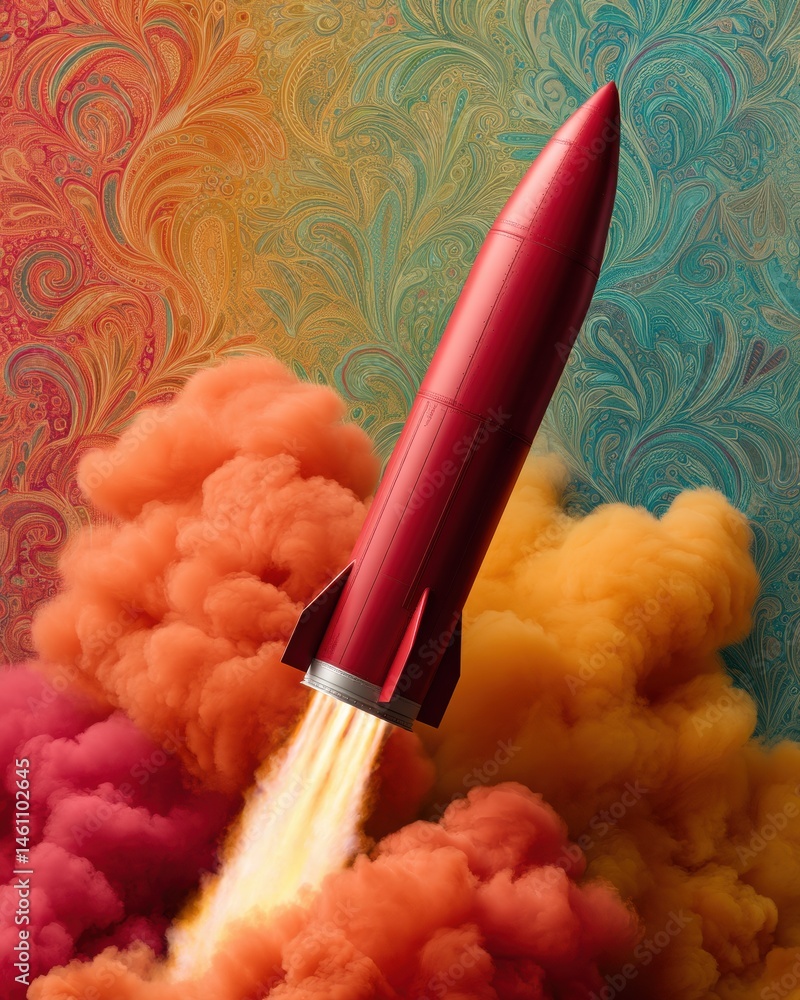 Poster aerospace chromatic launch high-precision ballistic visualization showcasing next-gen defense techno