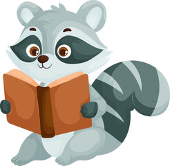 Adorable cartoon-style raccoon sitting while holding and reading a brown book, symbolizing curiosity, intelligence, and learning, isolated on white.