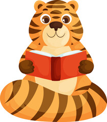 Adorable cartoon-style tiger sitting while holding and reading a red book, symbolizing intelligence, curiosity, and learning, isolated on white.