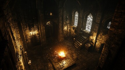 Fototapeta premium Dark, gothic stone hall with fire, stairs, and stained-glass windows