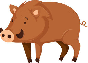 Adorable cartoon wild boar with a round body, small tusks, and a curly tail. Fun and friendly animal illustration for kids and nature themes.