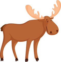 Adorable cartoon moose standing with large antlers and a friendly expression. Fun and playful wildlife illustration for kids and nature themes.