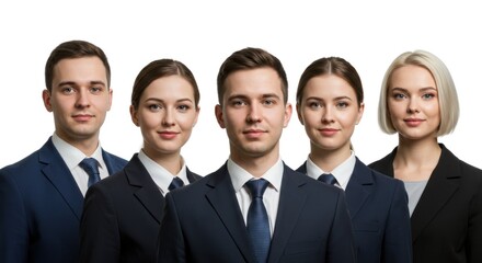 Group of five business people in suits posing against a white background.