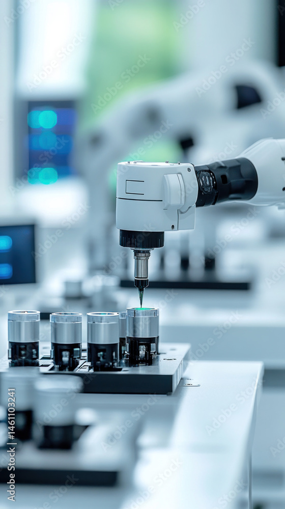 Poster a robot is working on a machine with a white and black color scheme. the robot is focused on its tas