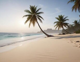 Obraz premium White sand beach, palm silhouette, distant island, waves, sky