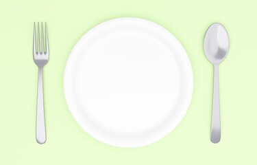3Dイラスト_皿とカトラリー_黄緑