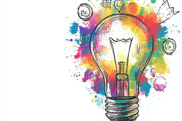 Artistic drawing of a light bulb with colorful doodles and icons representing innovation, creativity, digital marketing strategy, business plan development, and social media trends.