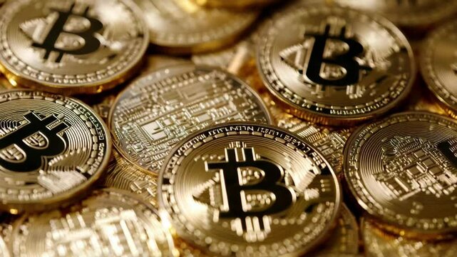Pile of gold coins with a B on them. The coins are stacked on top of each other, creating a sense of abundance and wealth. The B on the coins represents the digital currency Bitcoin