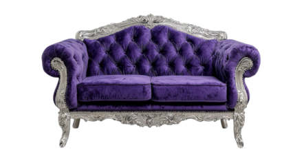 Png of Luxurious purple velvet loveseat with ornate silver detailing, perfect for adding elegance to any living space.