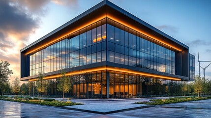 Obraz premium Innovative energy-efficient building in business park, wide-angle shot with modern architecture, clean lines, blue sky, and visible wind energy infrastructure 