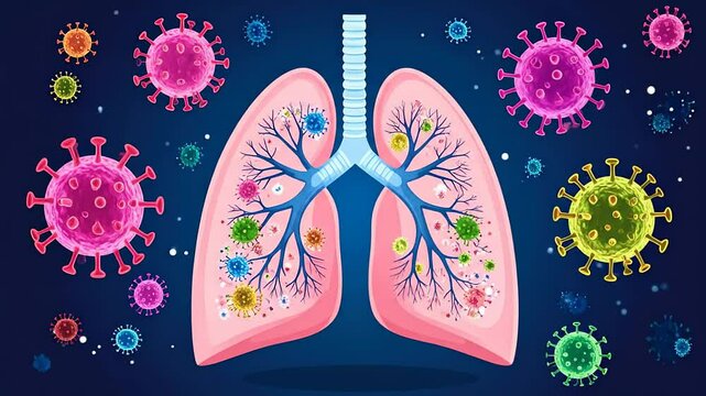 Illustration of Human Lungs Surrounded by Colorful Virus Particles on a Dark Background
