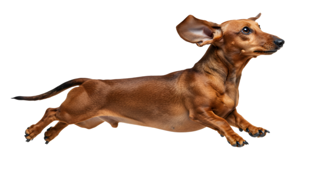 Enthusiastic dachshund mid-leap, showcasing energy and joyful motion on white backdrop