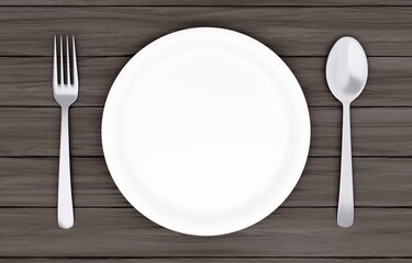 3Dイラスト_皿とカトラリー_木のテーブル