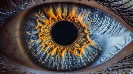 Fototapeta premium Detailed close-up of an eye with an intricate iris, full of blue and gold textures