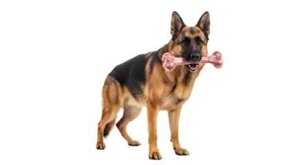 German Shepherd with a bone isolated on white, showcasing canine companionship