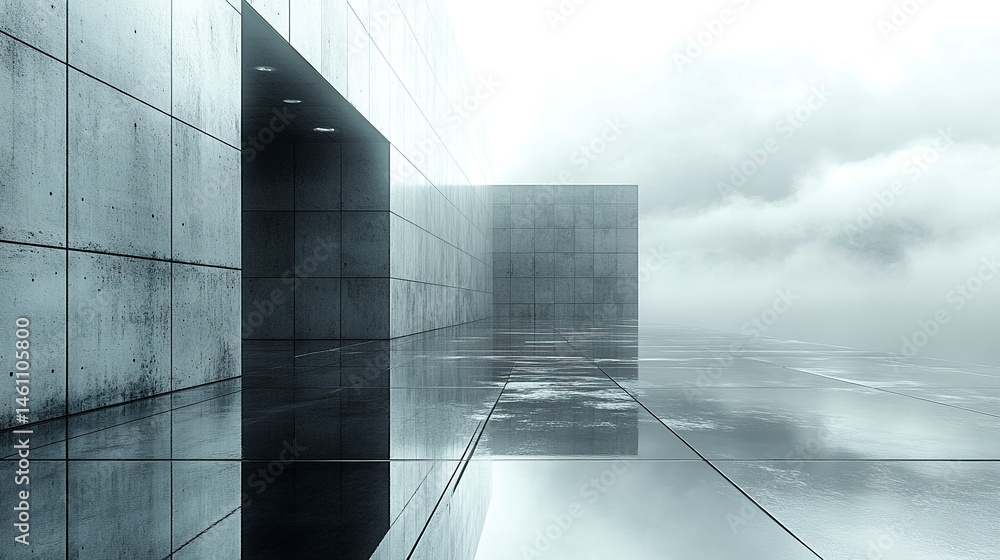 Poster minimal architecture shot featuring reflective glass and concrete textures, low-angle perspective wi