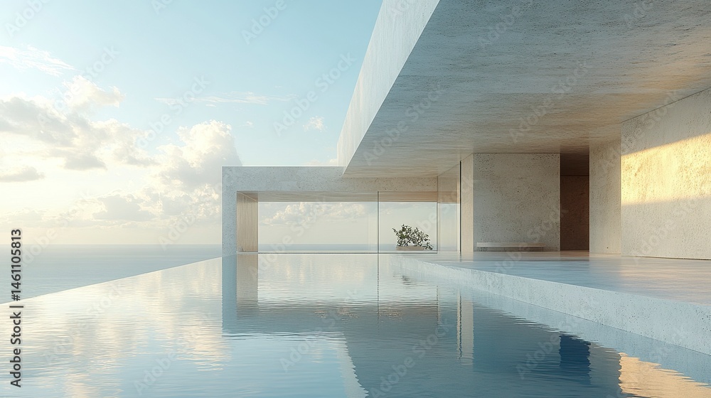 Poster minimal architecture shot featuring reflective glass and concrete textures, low-angle perspective wi