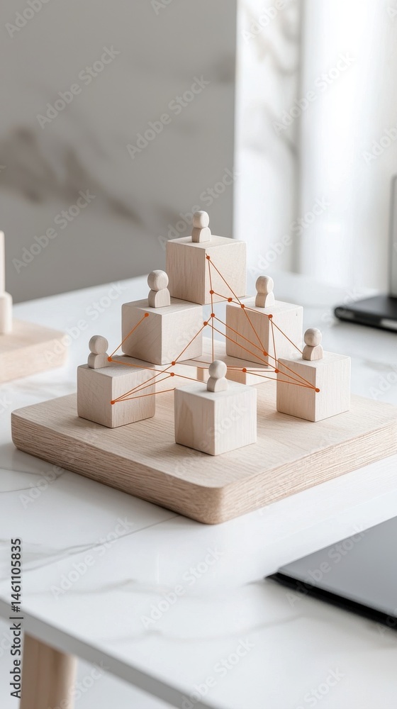 Poster wooden model illustrating team structure, hierarchy, and communication network team network model ai