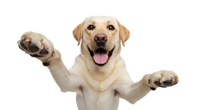 Joyful labrador retriever in playful pose against a pristine white backdrop