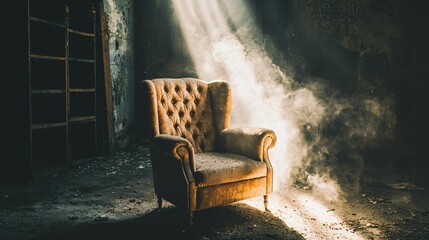 Empty wooden chair in quiet room with sunbeam through window, conveying solitude, nostalgia and melancholy. Minimalist concept of loneliness and waiting for someone.