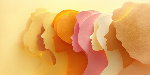 Layered Diversity Empowering Multicultural Womens Silhouettes in Warm Paper-Cut Gradient - Global Solidarity and Inclusive Design for International Campaigns