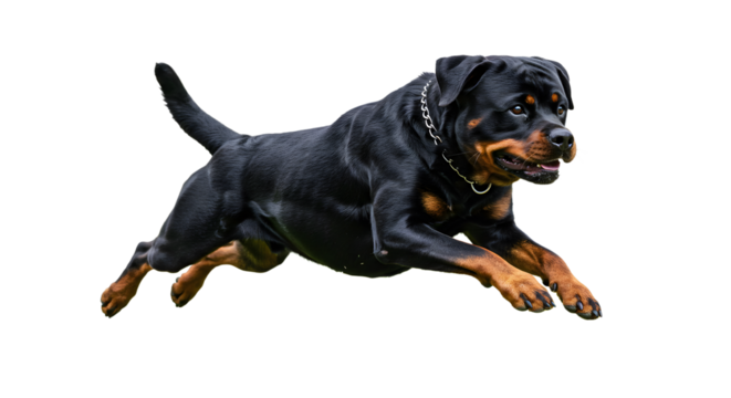 Majestic rottweiler soars with intensity during an agile mid-air moment