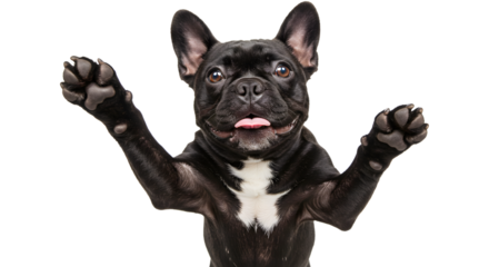 Playful black French Bulldog with paws up expressing joy on a white backdrop