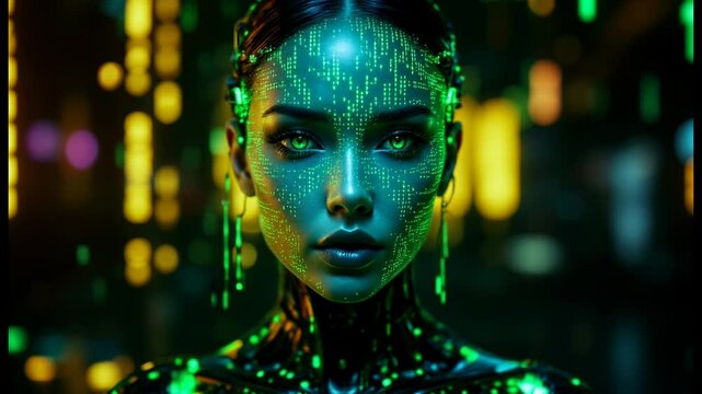 Woman's face overlaid with glowing green digital circuit pattern. Futuristic portrait of digital avatar. Concept for metaverse, blockchain and digital technology.