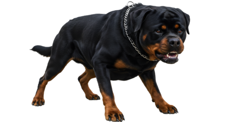Powerful Rottweiler Displays Dominance with Aggressive Posture Against White Backdrop