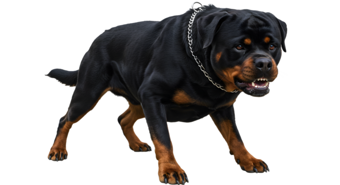 Powerful Rottweiler Displays Dominance with Aggressive Posture Against White Backdrop