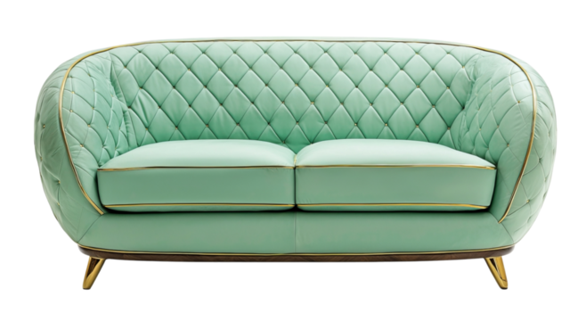 Png of Stylish mint green tufted sofa with a modern design and gold accents, perfect for contemporary living spaces.