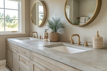 Stylish modern bathroom with double sinks gold fixtures and decorative elements
